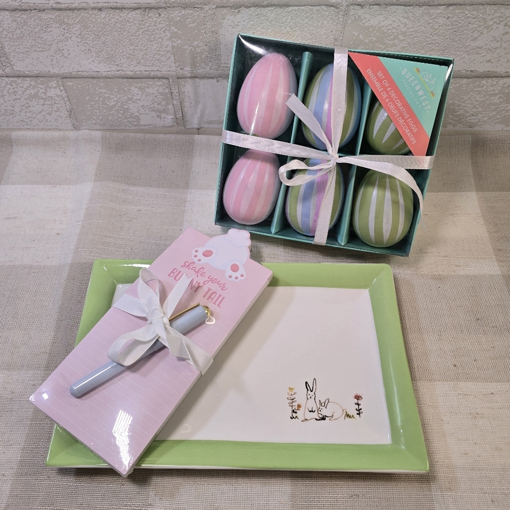 Easter Decorative Pastel Stripe Egg Set Rabbit Plate & Bunny Tail Note Gift Set